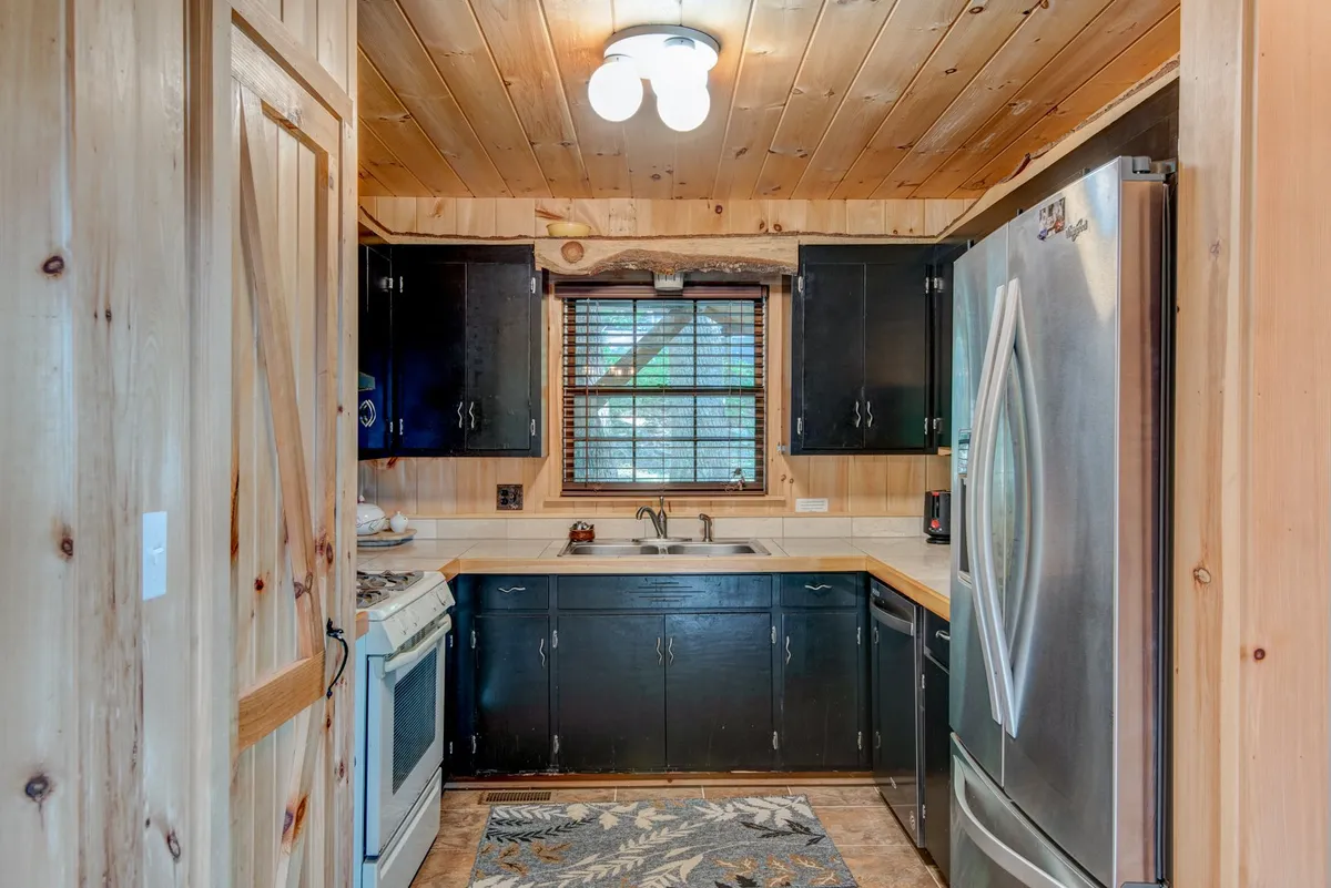 A welcoming kitchen featuring a stainless steel refrigerator, black cabinetry, a kitchen sink, and a wooden ceiling with an inviting decorative rug. The space is organized and modern, with visible amenities hinting at a well-stocked culinary environment ideal for preparing family meals.