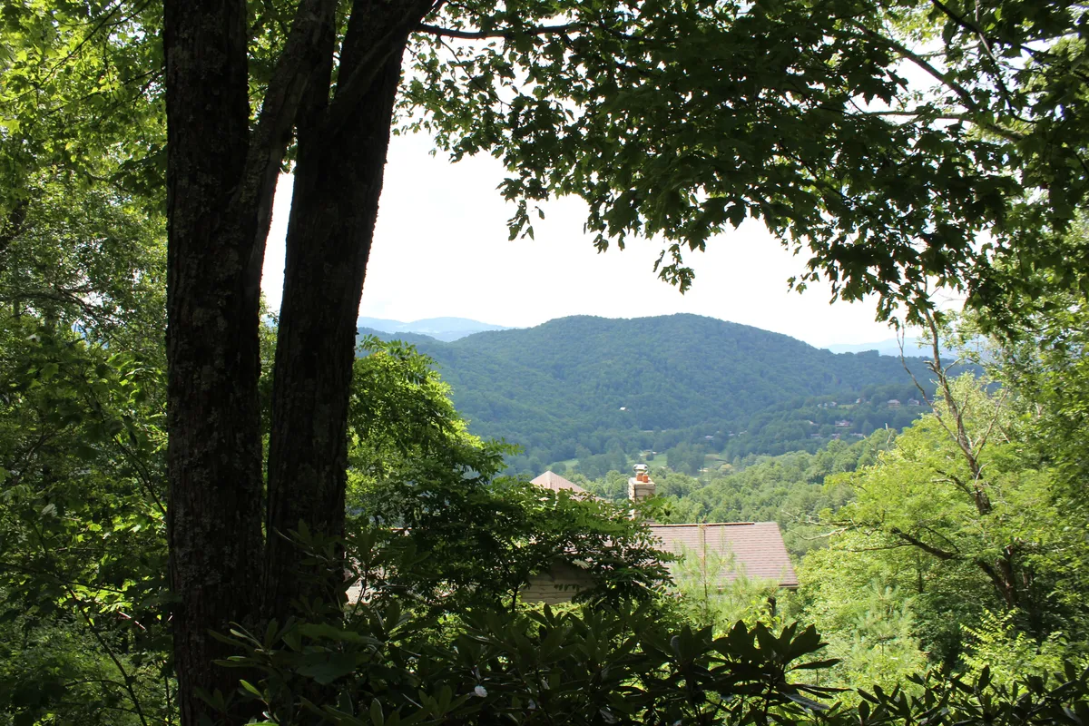 A stunning view of the mountain range framed by trees, with distant rooftops visible below. The scene conveys the expansive beauty of North Carolina's High Country, perfect for outdoor exploration, hiking, and relaxation in nature. The serene mood enhances the allure of adventure and scenic discovery.